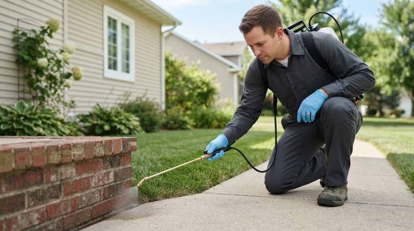 Pest control technician treating a home near Blandburg, PA